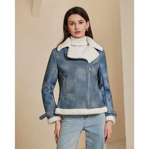 Women's Blue Denim Leather Jacket Fur Winter Coat Warm Thick Fur Lined Faux - Picture 5 of 6